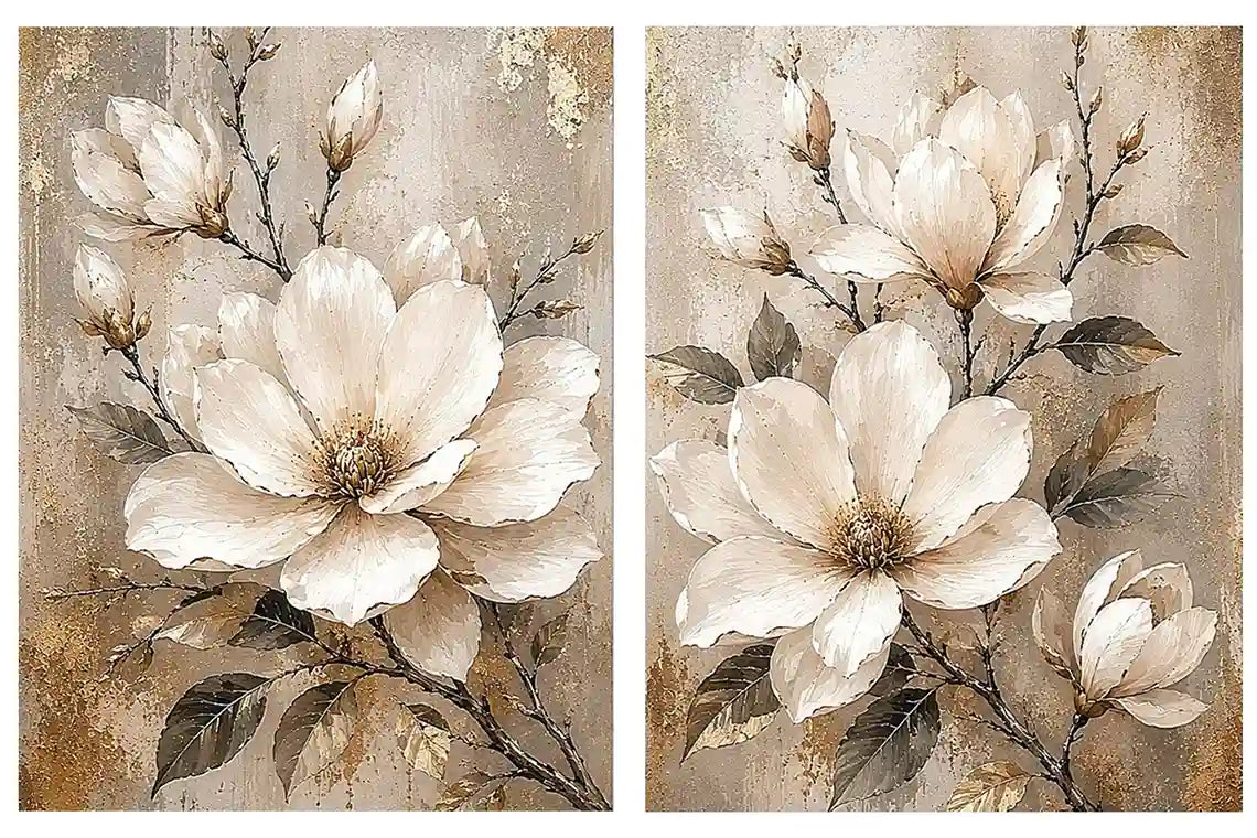 Neutral magnolia diptych canvas art for modern bedroom and living room decor