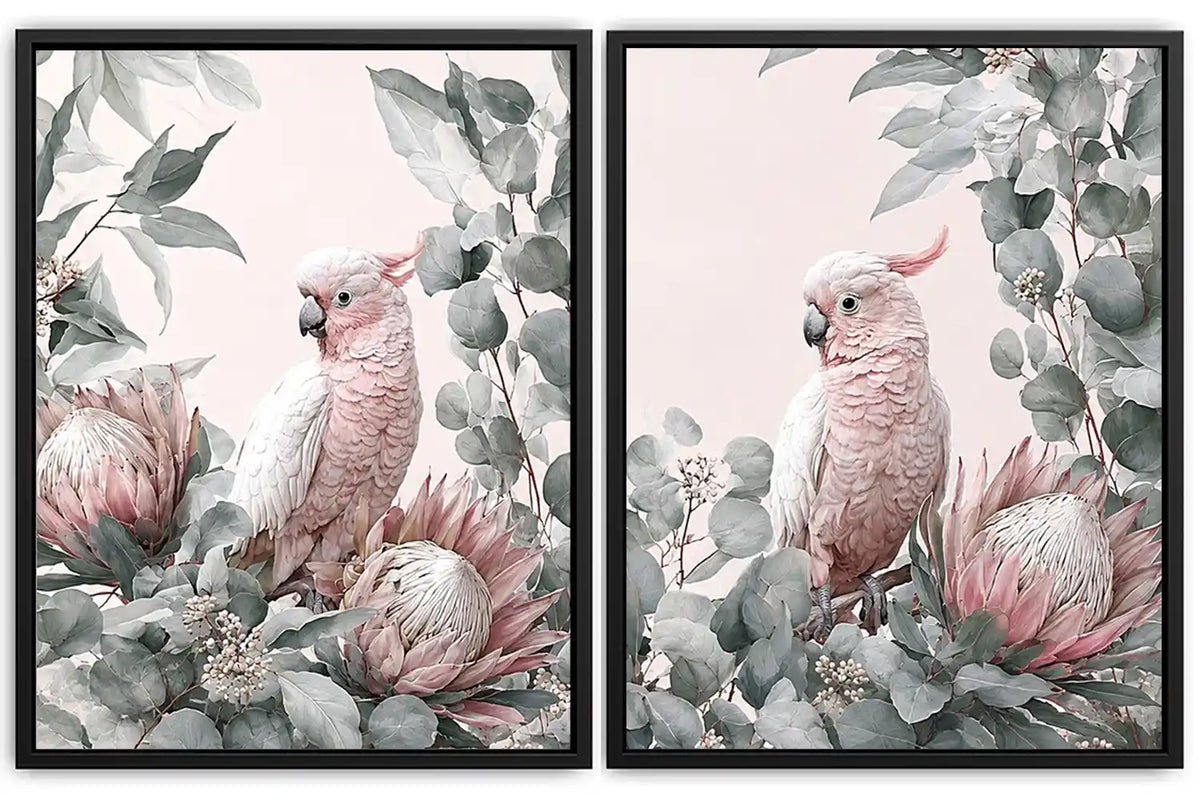 Pink cockatoo botanical canvas art with eucalyptus for soft nursery decor.