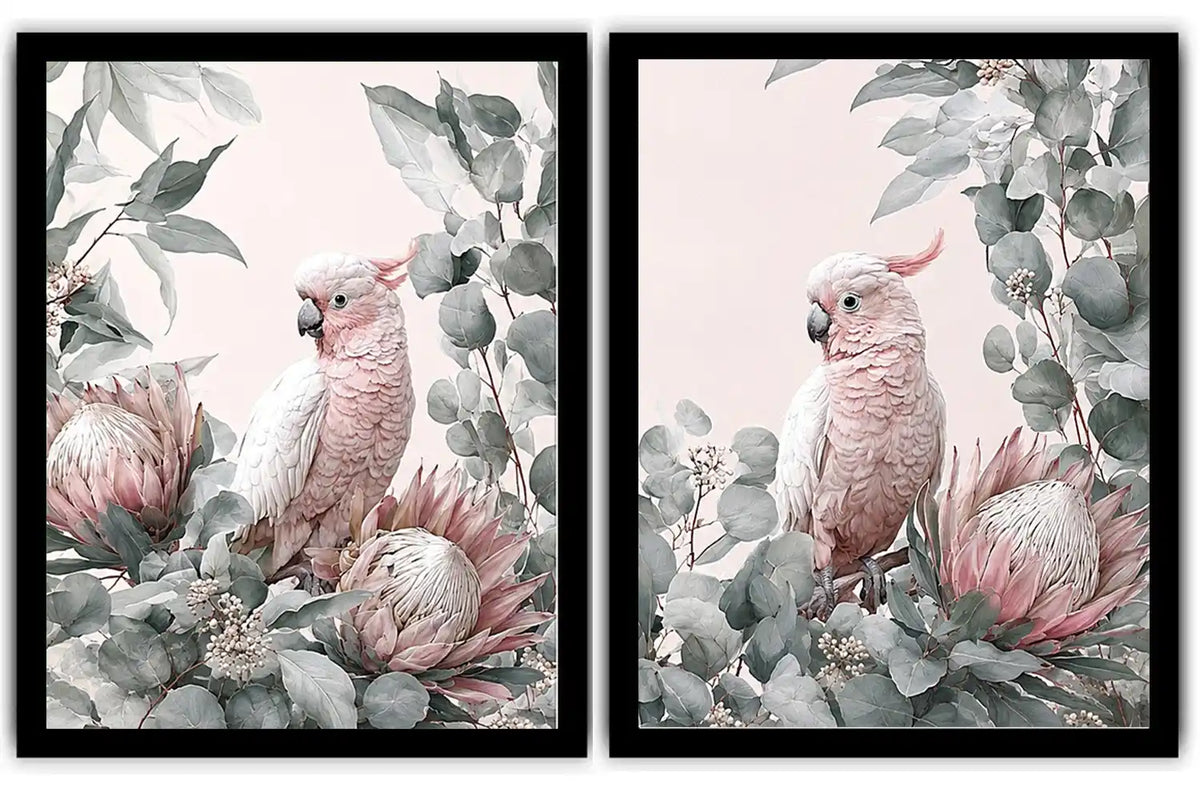 Pink cockatoo botanical canvas art with eucalyptus for soft nursery decor.