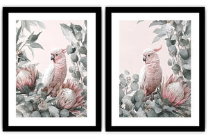 Pink cockatoo botanical canvas art with eucalyptus for soft nursery decor.