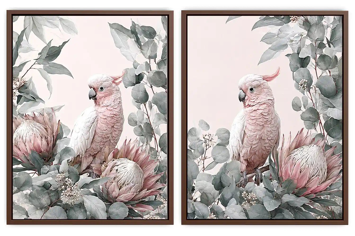 Pink cockatoo botanical canvas art with eucalyptus for soft nursery decor.