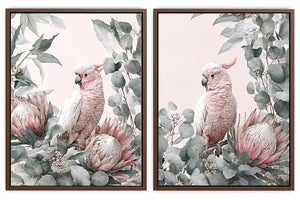 Pink cockatoo botanical canvas art with eucalyptus for soft nursery decor.