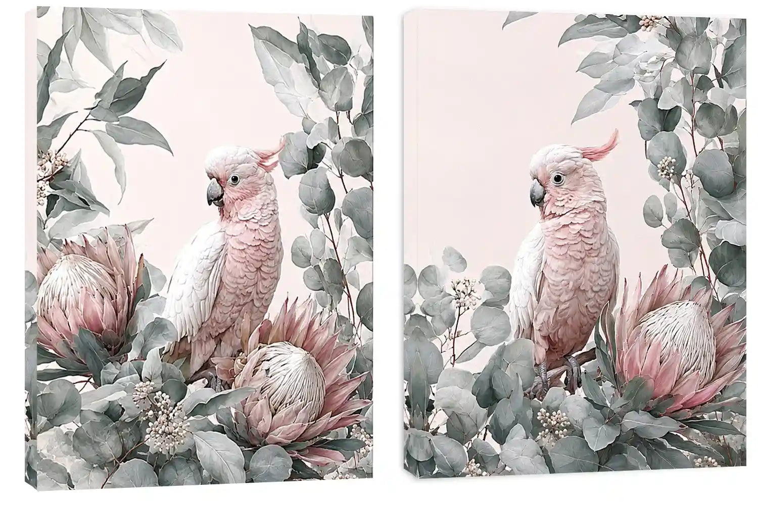 Pink cockatoo botanical canvas art with eucalyptus for soft nursery decor.
