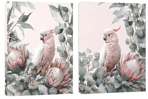 Pink cockatoo botanical canvas art with eucalyptus for soft nursery decor.