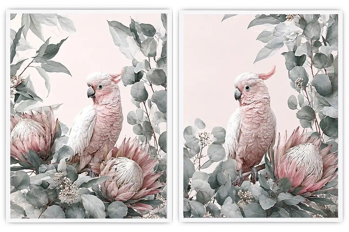 Pink cockatoo botanical canvas art with eucalyptus for soft nursery decor.