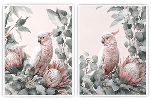 Pink cockatoo botanical canvas art with eucalyptus for soft nursery decor.