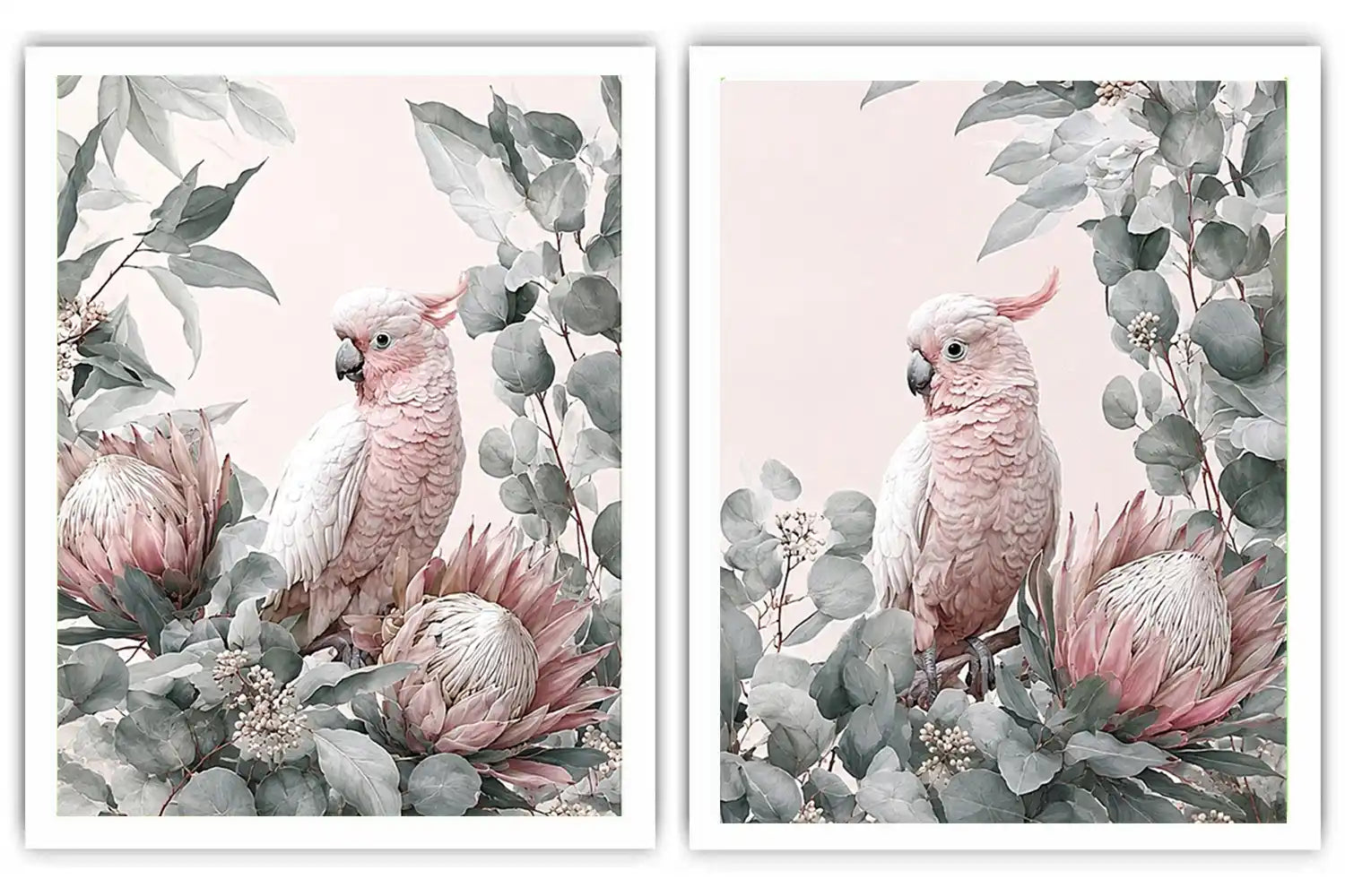 Pink cockatoo botanical canvas art with eucalyptus for soft nursery decor.