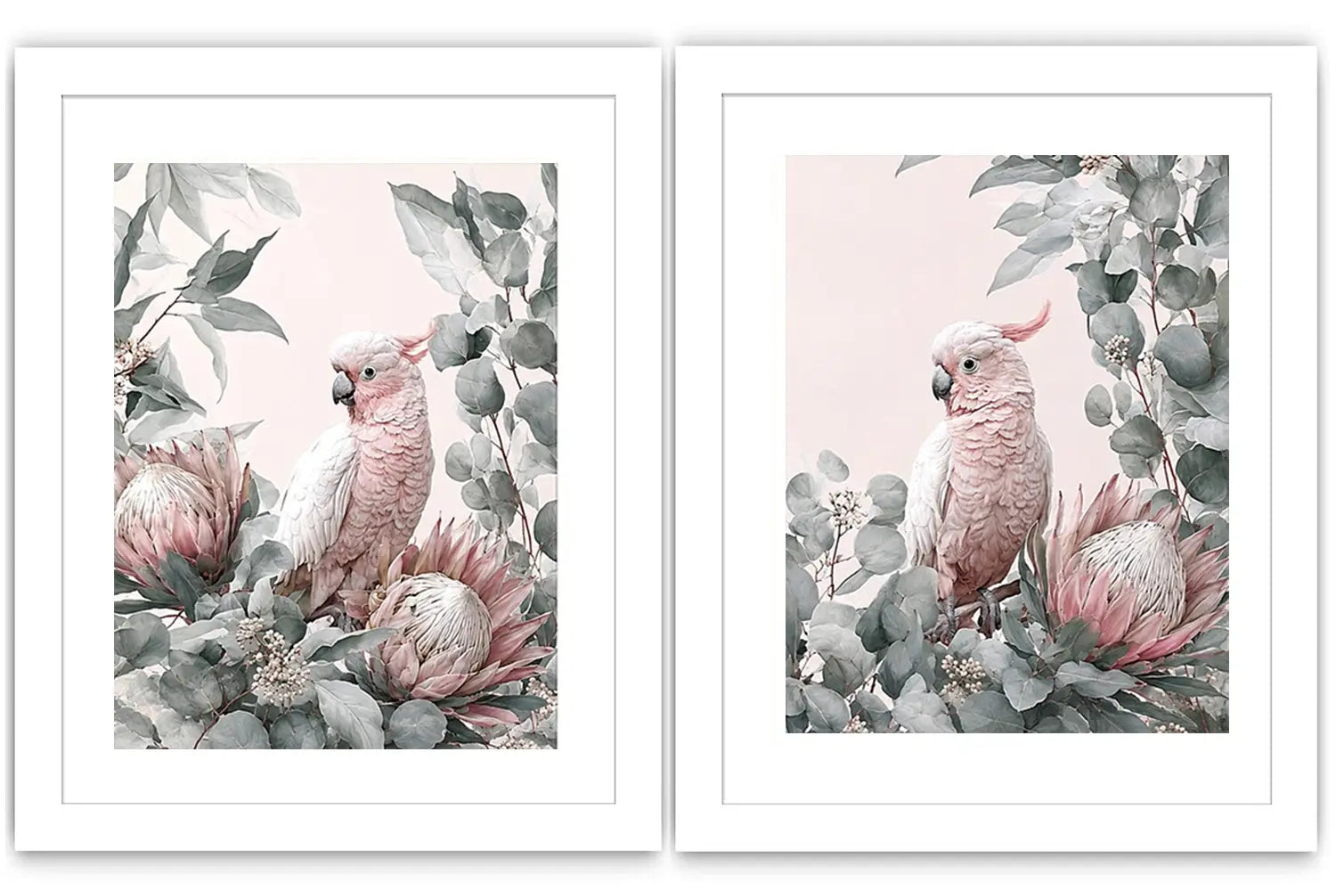 Pink cockatoo botanical canvas art with eucalyptus for soft nursery decor.