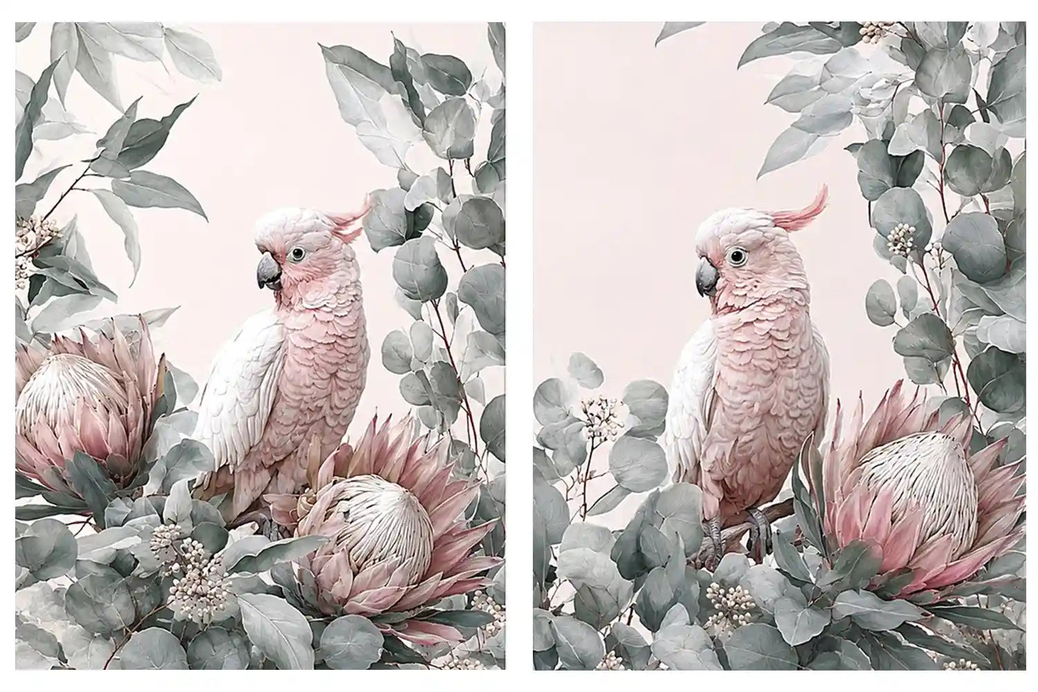 Pink cockatoo botanical canvas art with eucalyptus for soft nursery decor.