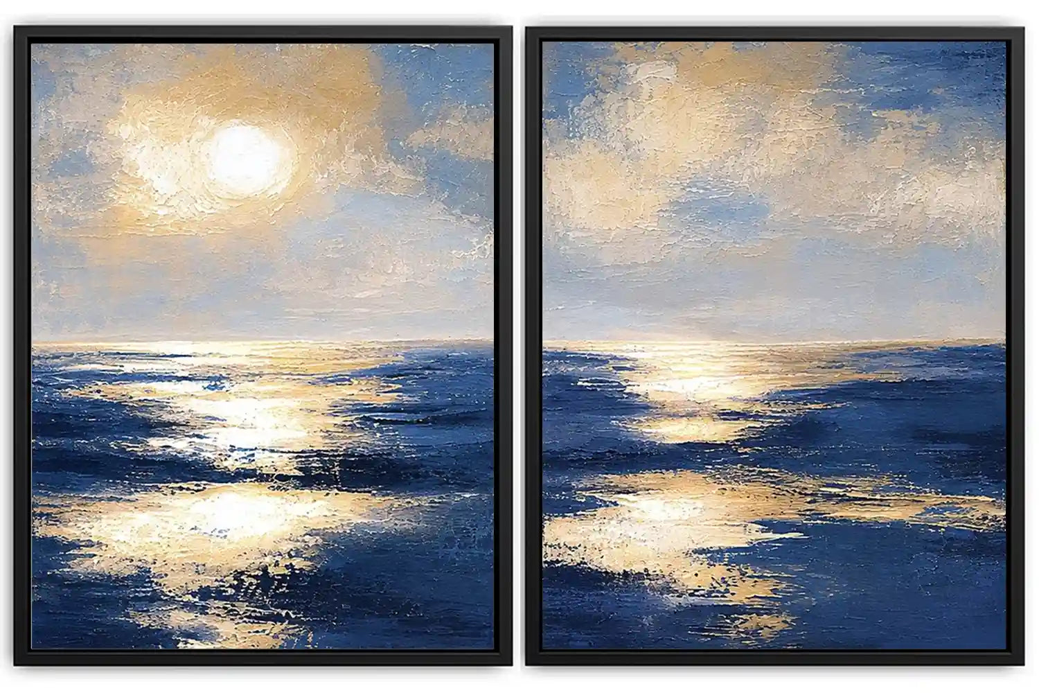 Blue and gold ocean canvas art with sunlit waves for luxury living room decor.