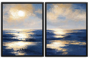 Blue and gold ocean canvas art with sunlit waves for luxury living room decor.