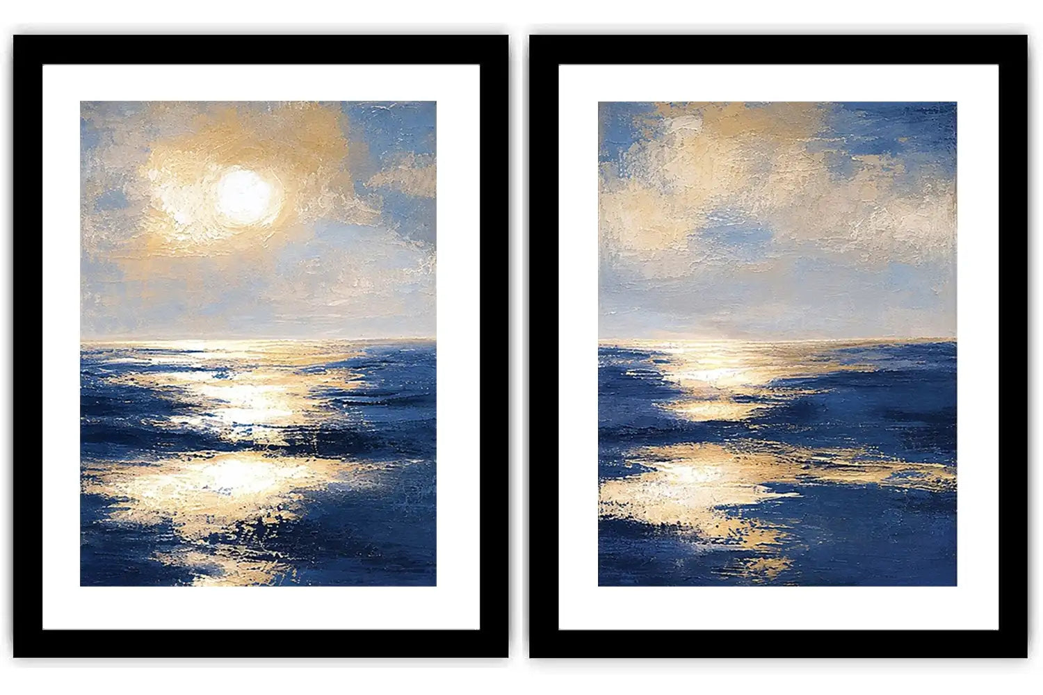 Blue and gold ocean canvas art with sunlit waves for luxury living room decor.
