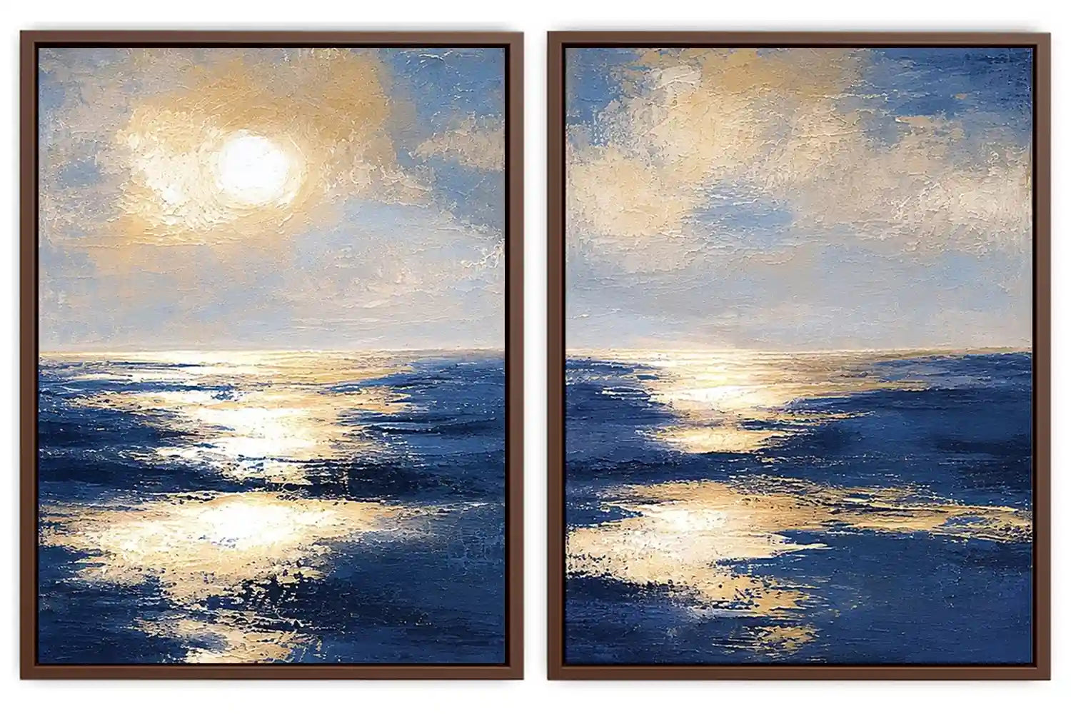 Blue and gold ocean canvas art with sunlit waves for luxury living room decor.
