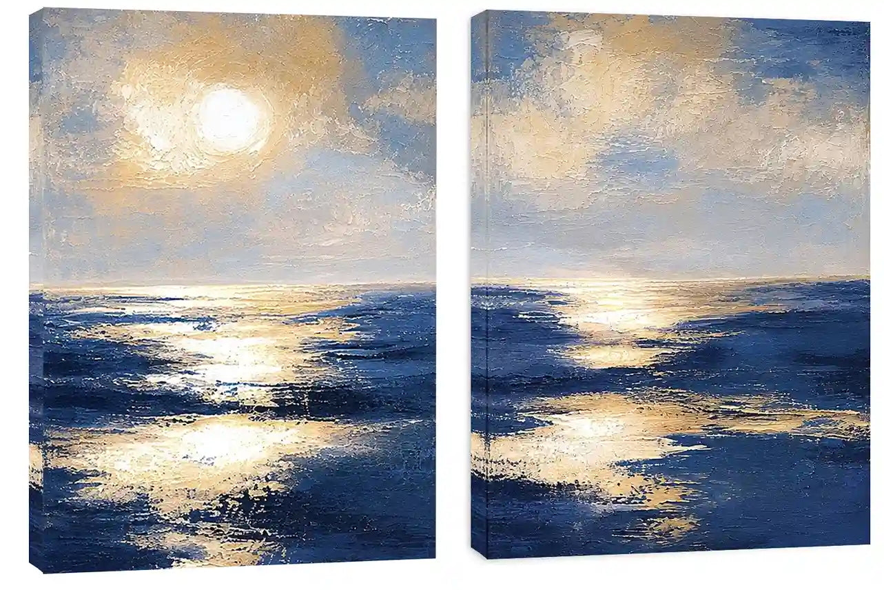 Blue and gold ocean canvas art with sunlit waves for luxury living room decor.
