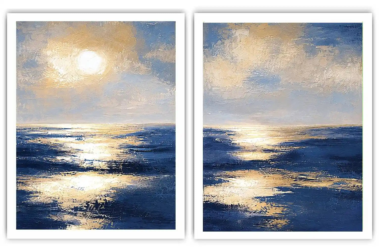Blue and gold ocean canvas art with sunlit waves for luxury living room decor.