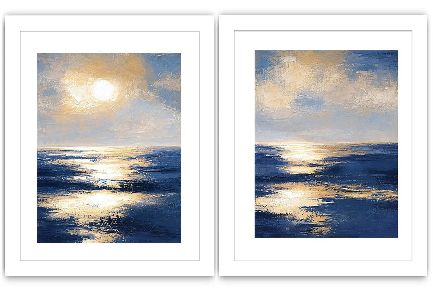 Blue and gold ocean canvas art with sunlit waves for luxury living room decor.