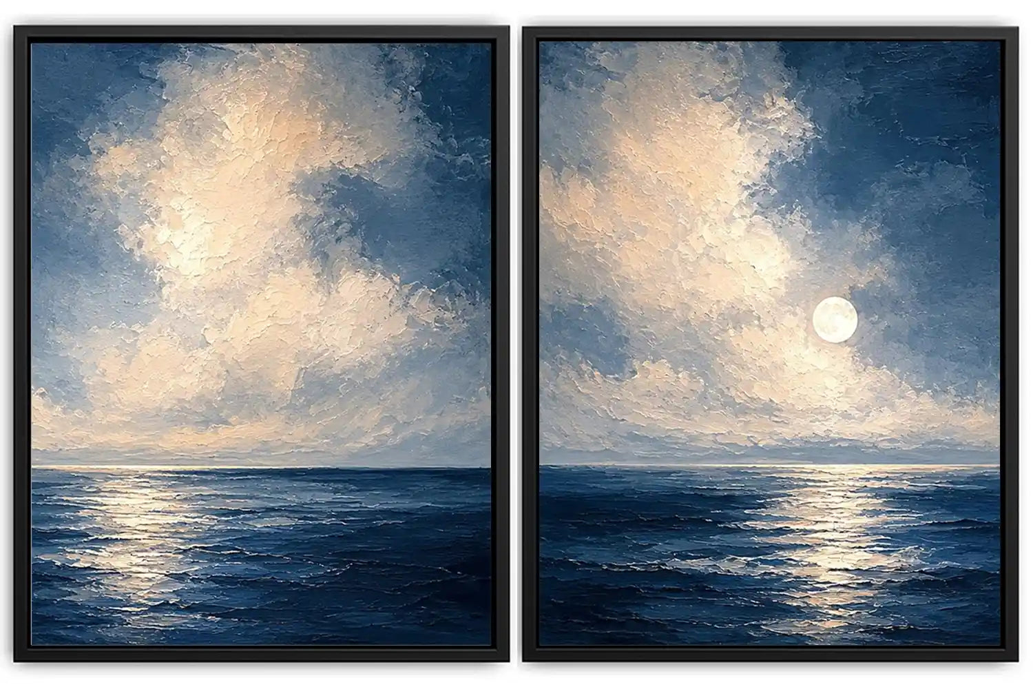 Moonlit deep blue ocean canvas art for serene bedroom wall decor.