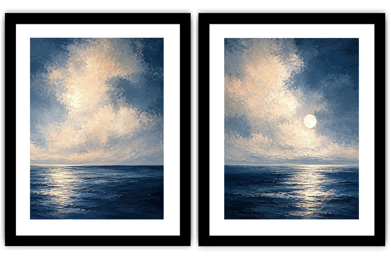 Moonlit deep blue ocean canvas art for serene bedroom wall decor.