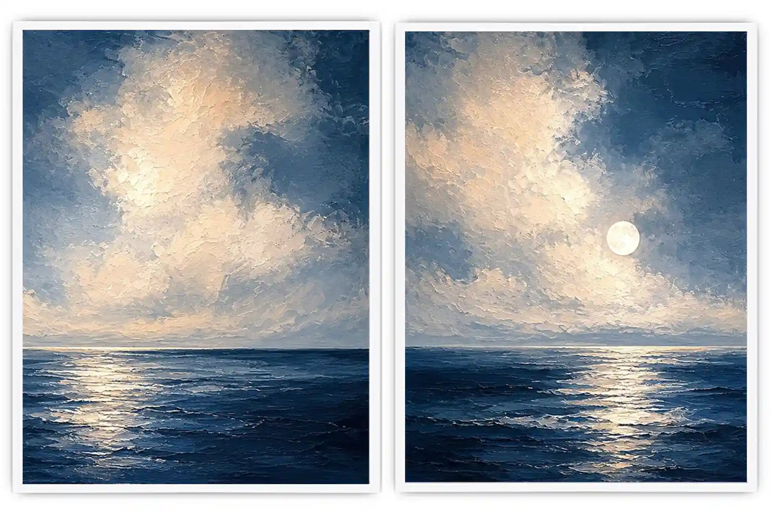 Moonlit deep blue ocean canvas art for serene bedroom wall decor.