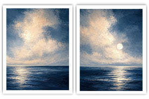 Moonlit deep blue ocean canvas art for serene bedroom wall decor.