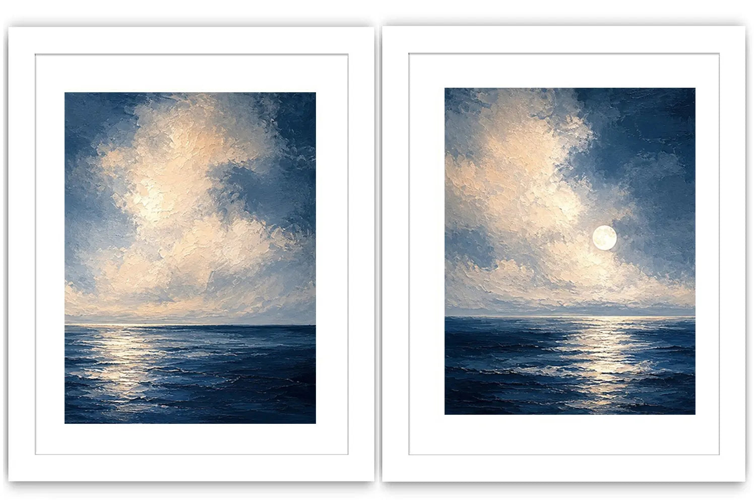 Moonlit deep blue ocean canvas art for serene bedroom wall decor.