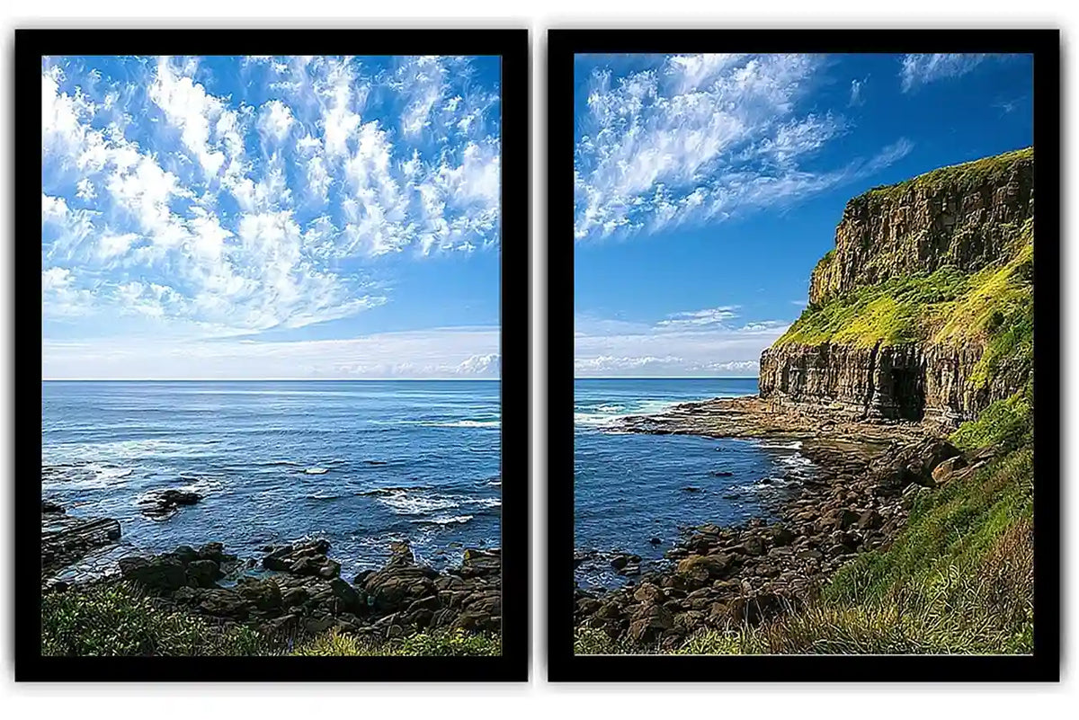 Coastal cliff photography canvas art with blue ocean for modern office decor.