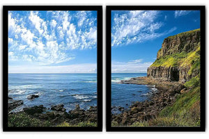Coastal cliff photography canvas art with blue ocean for modern office decor.