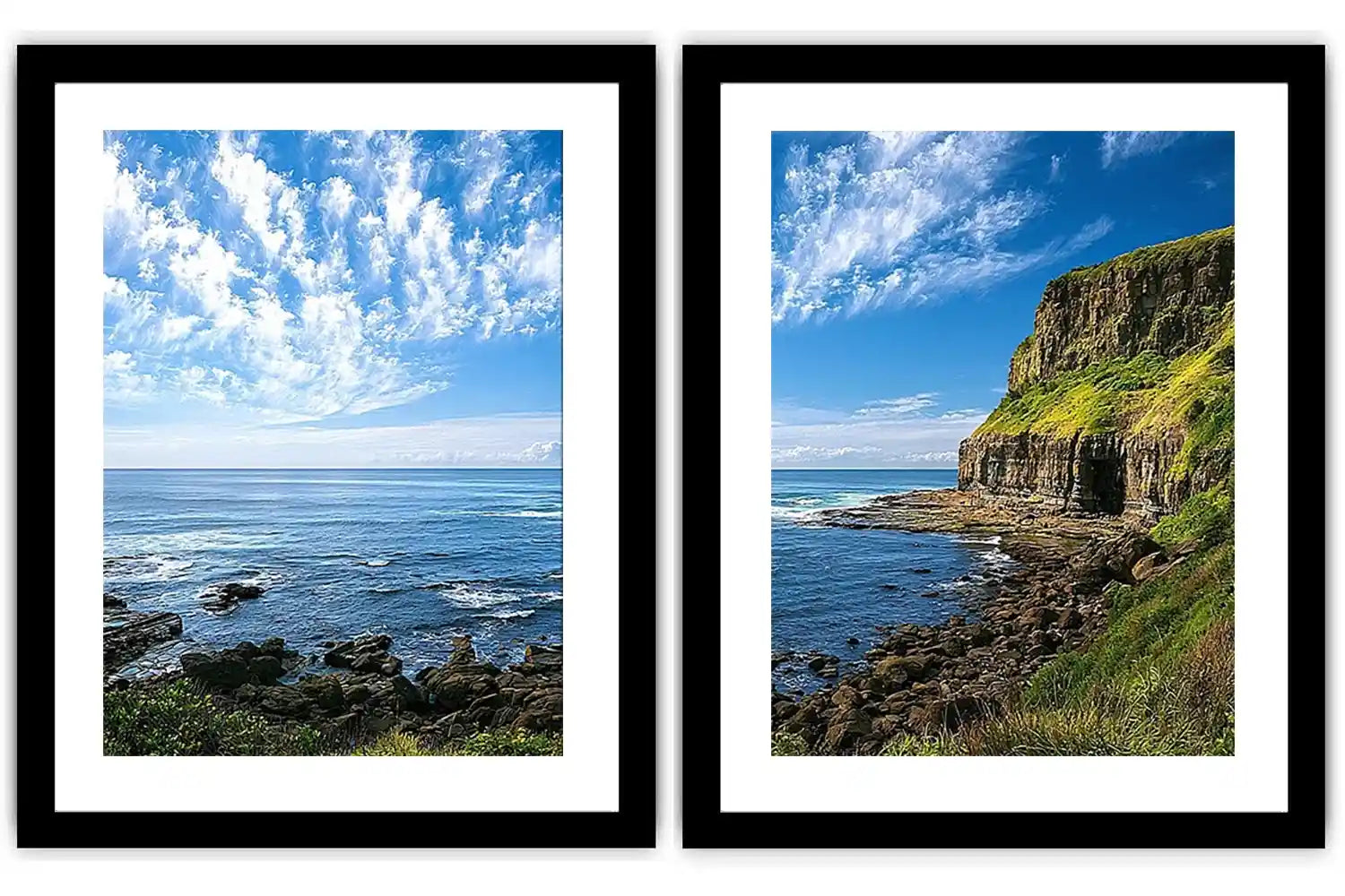 Coastal cliff photography canvas art with blue ocean for modern office decor.