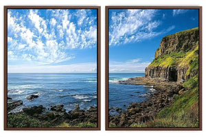 Coastal cliff photography canvas art with blue ocean for modern office decor.