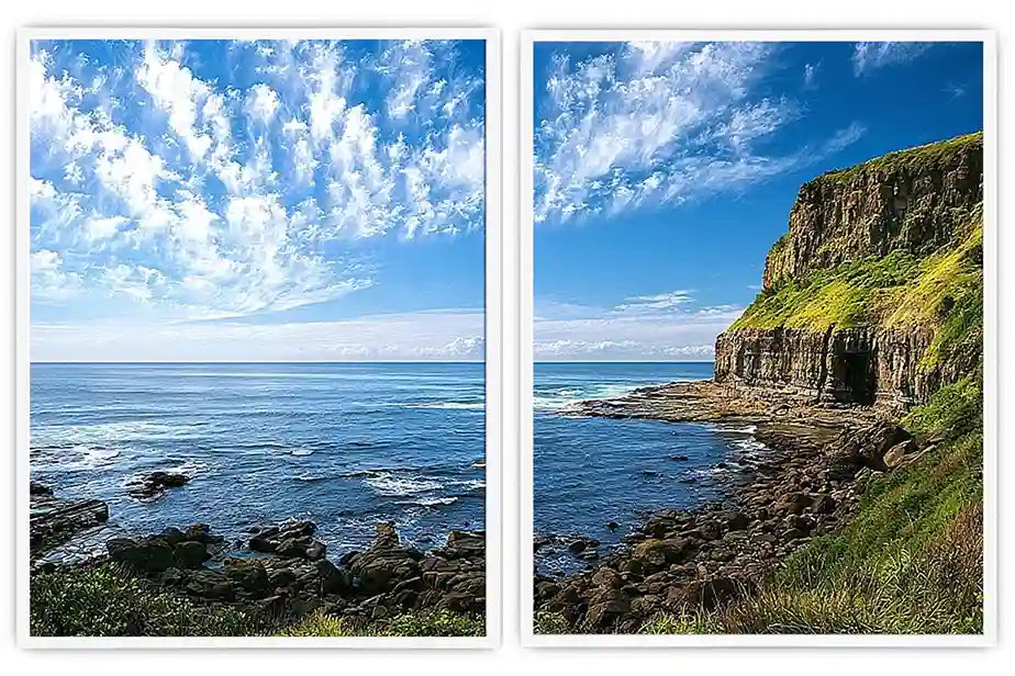 Coastal cliff photography canvas art with blue ocean for modern office decor.