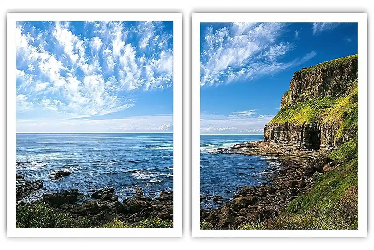 Coastal cliff photography canvas art with blue ocean for modern office decor.