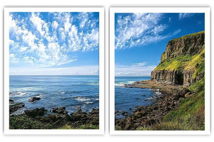 Coastal cliff photography canvas art with blue ocean for modern office decor.