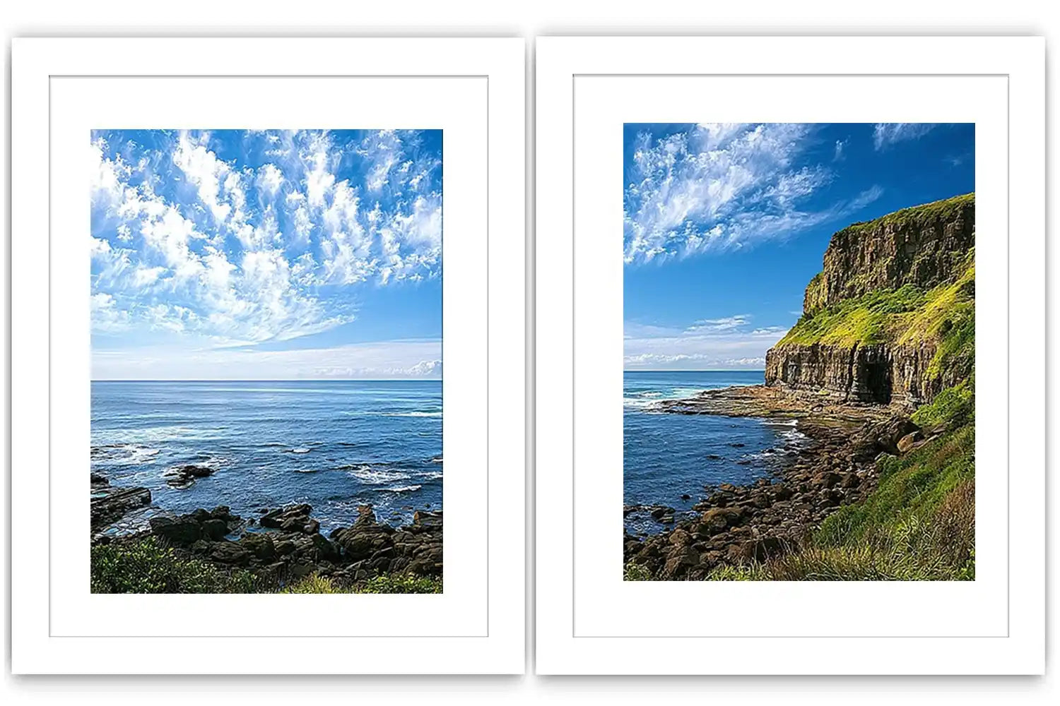 Coastal cliff photography canvas art with blue ocean for modern office decor.
