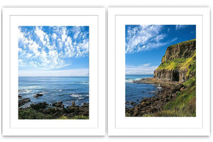 Coastal cliff photography canvas art with blue ocean for modern office decor.