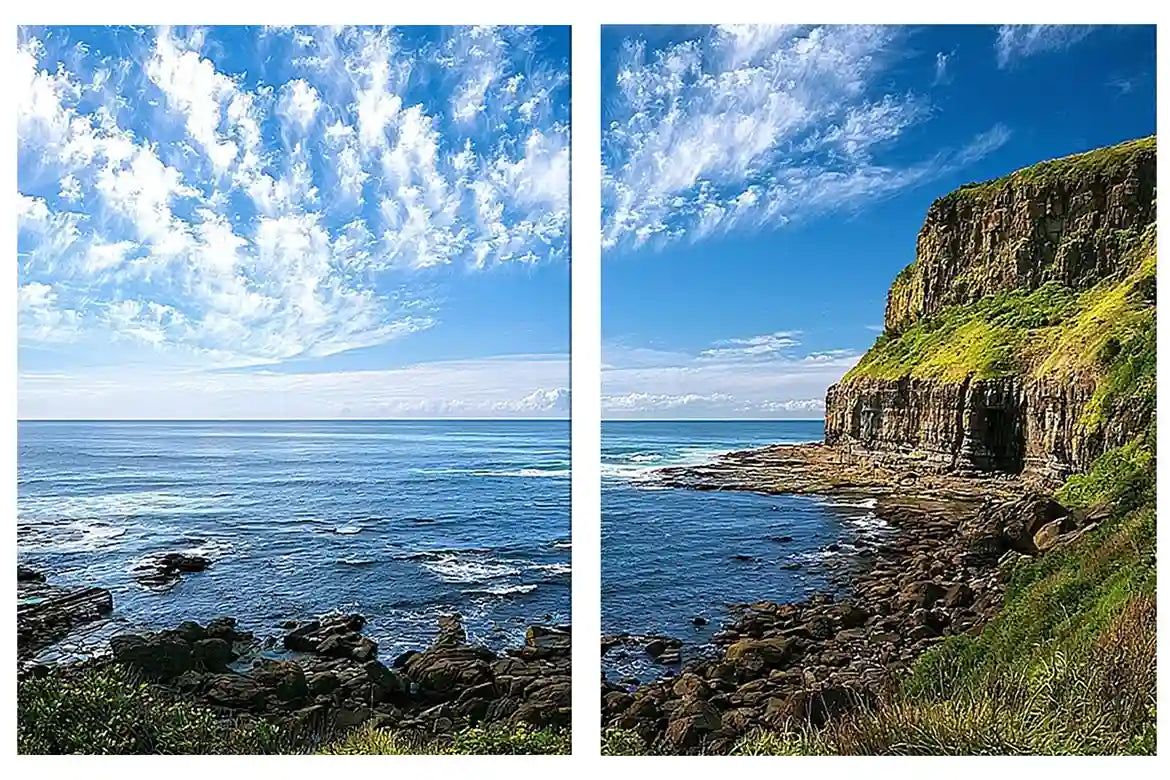 Coastal cliff photography canvas art with blue ocean for modern office decor.