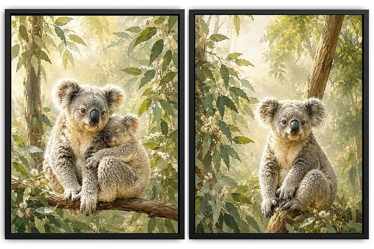 Koala eucalyptus diptych canvas art for peaceful nursery or living room decor.