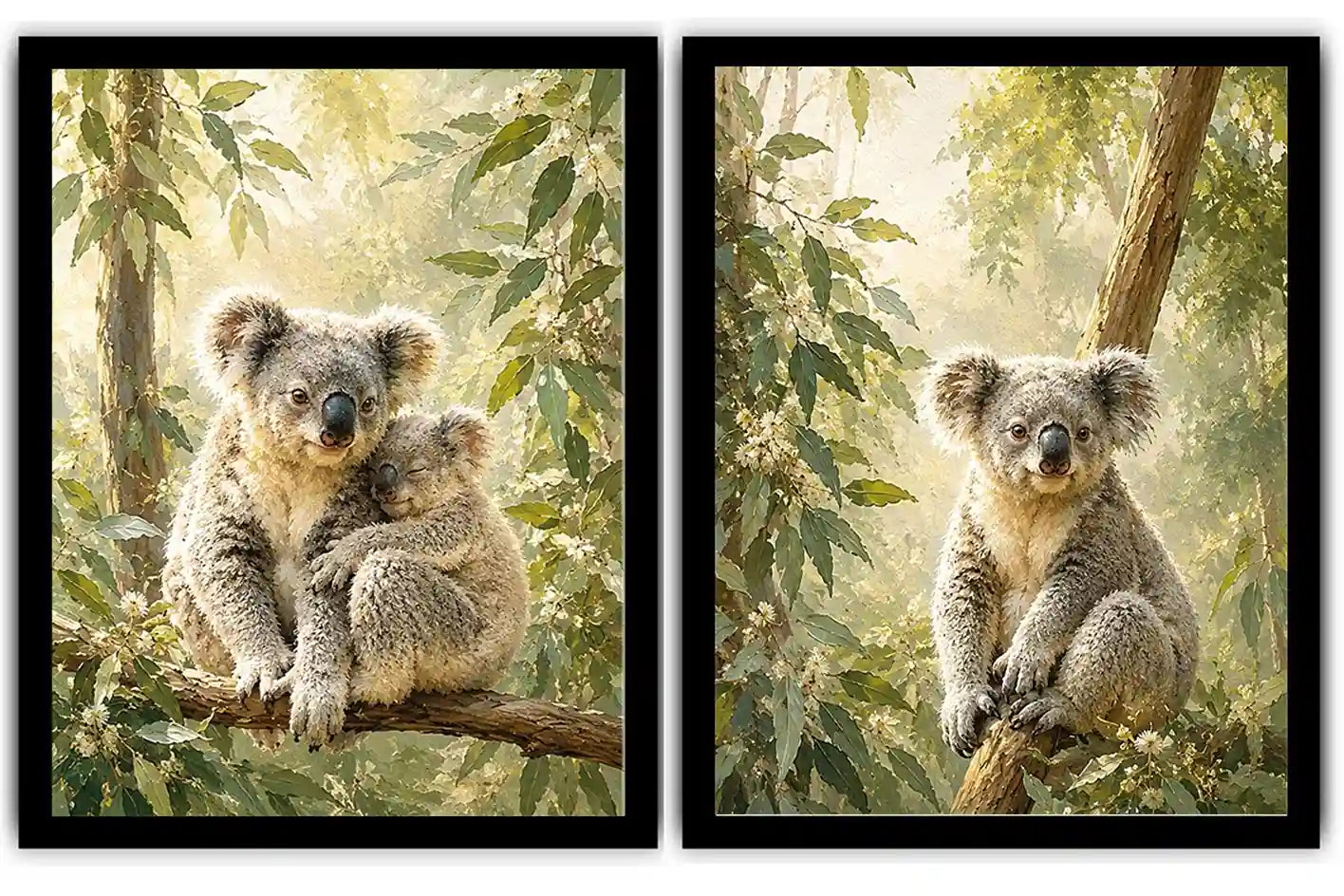 Koala eucalyptus diptych canvas art for peaceful nursery or living room decor.