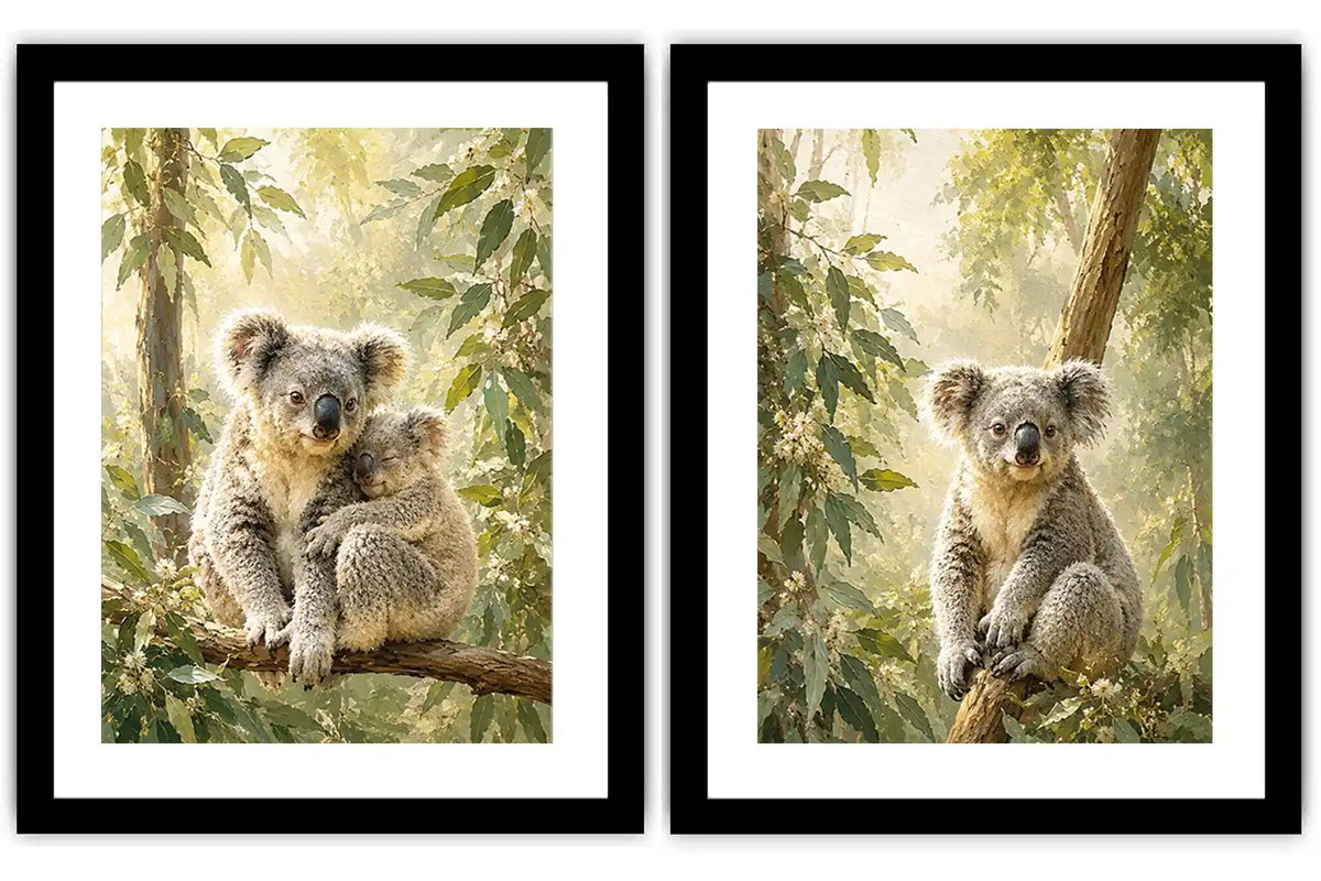 Koala eucalyptus diptych canvas art for peaceful nursery or living room decor.