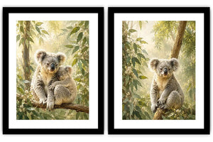 Koala eucalyptus diptych canvas art for peaceful nursery or living room decor.