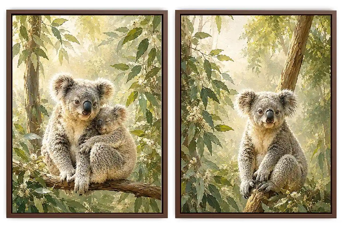 Koala eucalyptus diptych canvas art for peaceful nursery or living room decor.