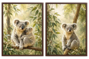 Koala eucalyptus diptych canvas art for peaceful nursery or living room decor.