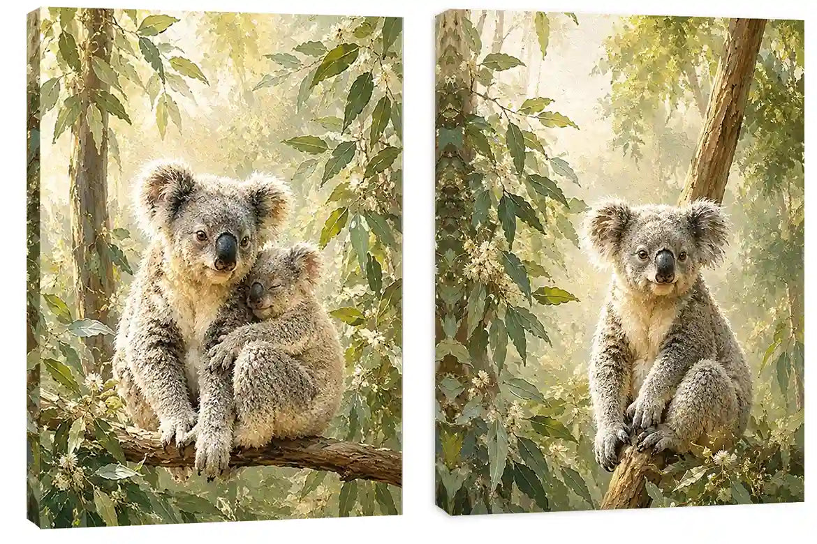 Koala eucalyptus diptych canvas art for peaceful nursery or living room decor.