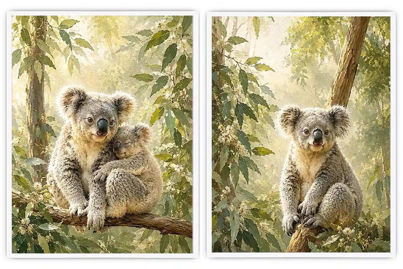 Koala eucalyptus diptych canvas art for peaceful nursery or living room decor.