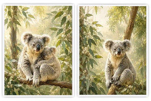 Koala eucalyptus diptych canvas art for peaceful nursery or living room decor.