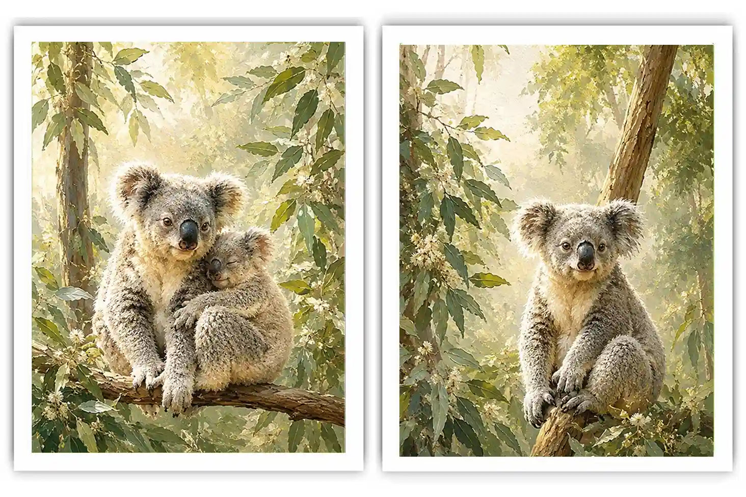 Koala eucalyptus diptych canvas art for peaceful nursery or living room decor.