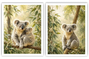 Koala eucalyptus diptych canvas art for peaceful nursery or living room decor.