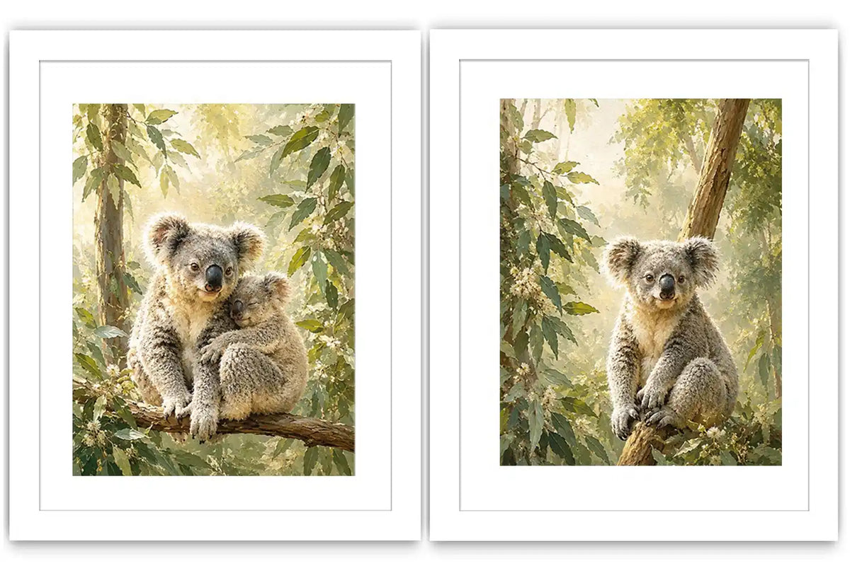 Koala eucalyptus diptych canvas art for peaceful nursery or living room decor.