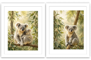 Koala eucalyptus diptych canvas art for peaceful nursery or living room decor.