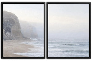 Misty coastal cliff diptych wall art for calm beach house interiors.