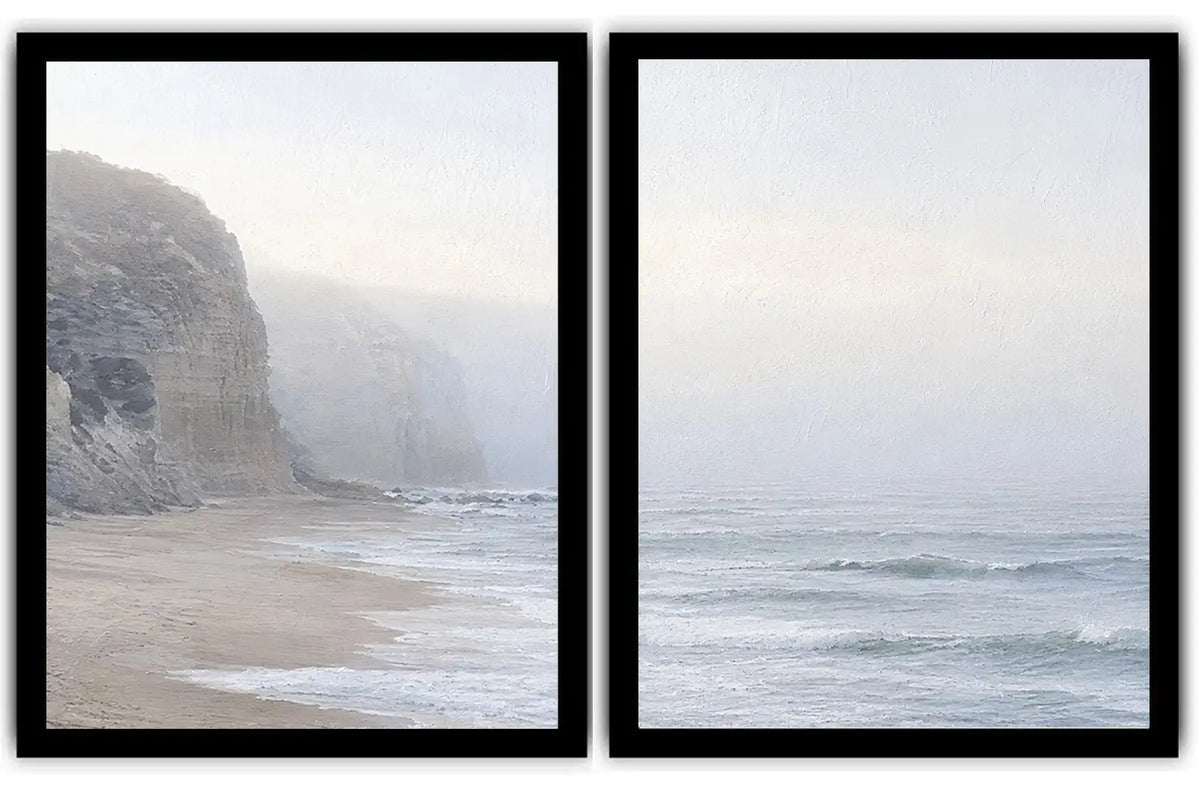 Misty coastal cliff diptych wall art for calm beach house interiors.